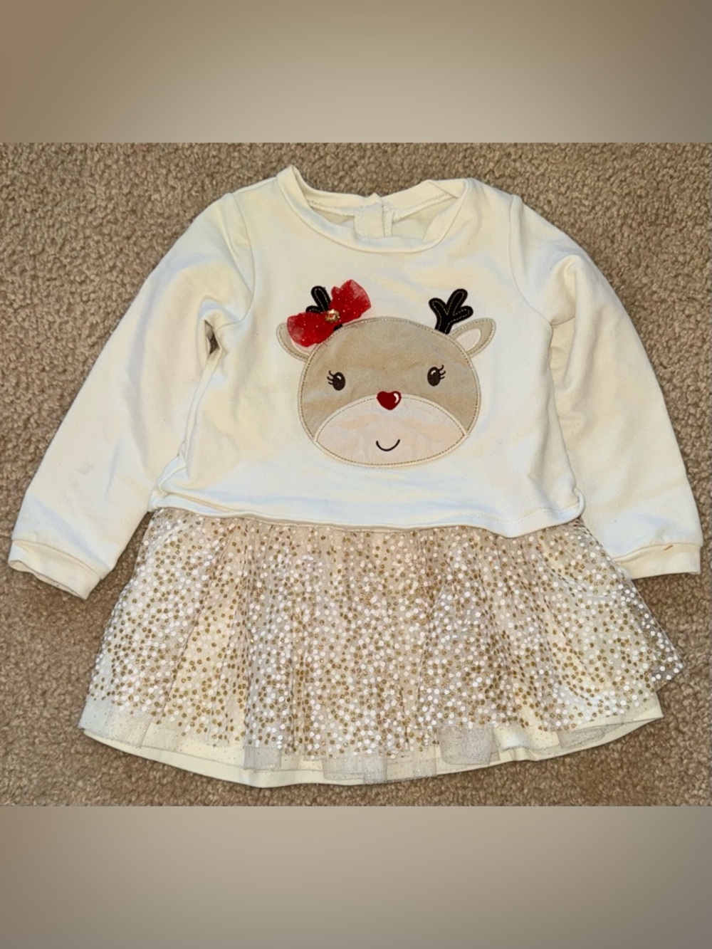 Girls Cream Reindeer Dress with Gold Sequin Tulle Skirt